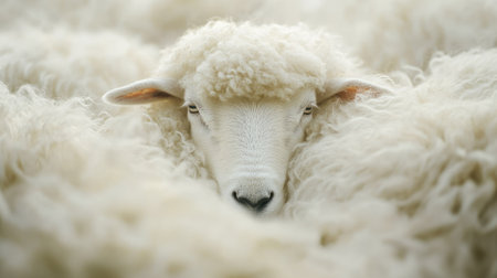 A close-up image of a soft, fluffy white sheep nestled among its flock, showcasing its gentle expression and warm wool coat in a serene farm environment.の素材
