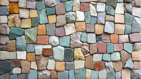 This close-up image showcases a vibrant and colorful stone mosaic wall, highlighting various textures and arrangements, perfect for artistic and architectural projects.の素材