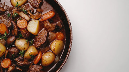 Close-up view of a rich beef stew featuring tender meat, potatoes, carrots, and mushrooms. Perfect for showcasing comfort food in culinary photography.の素材