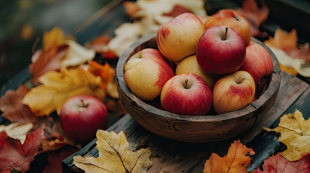 A rustic wooden table adorned with fresh red apples and colorful autumn leaves, creating a cozy fall atmosphere perfect for seasonal decor or culinary inspiration.の素材