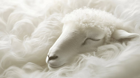 A close-up image of a soft, fluffy white sheep resting peacefully in its wool. This serene and cozy scene captures the gentle nature and calmness of farm life.の素材