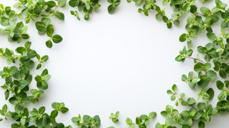Fresh green leaves arranged in a circular frame create a vibrant and natural backdrop, perfect for culinary, wellness, or nature-themed projects.の素材