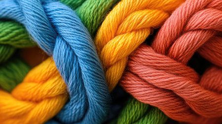 Close-up of vibrant, twisted threads in various colors, showcasing the texture and artistry of yarn. This colorful composition highlights creativity and craftsmanship.の素材