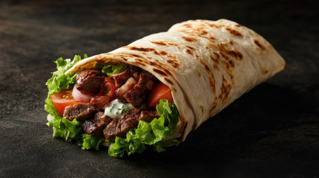 A close-up image of a delicious gyro wrapped in pita bread, featuring juicy meat, fresh lettuce, and ripe tomatoes, perfect for a quick meal.の素材