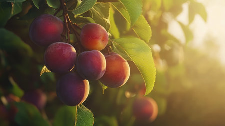 A beautiful close-up of ripe plums hanging from a tree, showcasing vibrant hues in sunlight. This image captures the essence of summer harvest and nature's bounty.の素材