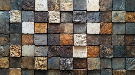 A vibrant display of textured wall tiles showcasing various colors and patterns. Ideal for design projects, backgrounds, or architectural inspiration.の素材