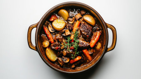 Enjoy a close-up view of a comforting beef stew in a rustic bowl, featuring tender meat, vibrant vegetables, and aromatic herbs, perfect for a hearty meal.の素材