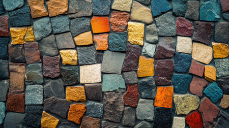A close-up shot of a vibrant mosaic wall showcasing an array of uniquely shaped stones. The colorful arrangement highlights diverse textures and artistic design, perfect for backgrounds or decorative purposes.の素材