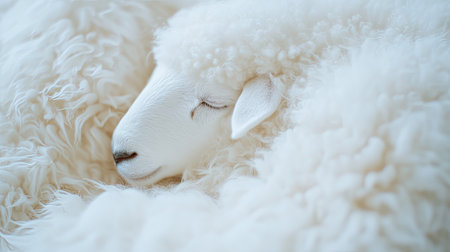 A serene close-up of a soft fluffy white sheep peacefully resting. The image captures the gentle texture of the wool, evoking feelings of calm and warmth in a natural setting.の素材
