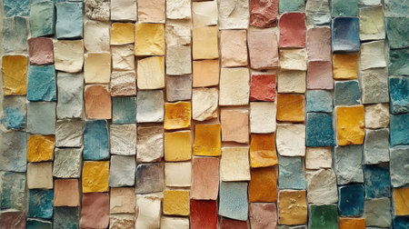 A vibrant close-up view of a colorful mosaic wall, showcasing unique textures and patterns. Ideal for backgrounds or artistic projects requiring a warm and inviting ambiance.の素材