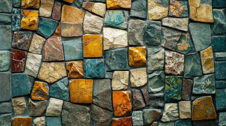 This image showcases a close-up of a mosaic wall featuring a variety of colorful stones, ideal for backgrounds or design projects emphasizing natural beauty.の素材