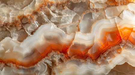This close-up shot showcases the intricate details of a polished agate stone. Featuring vibrant orange and white patterns, it serves as an excellent art background or natural texture.の素材