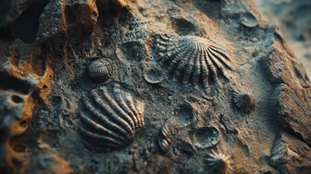 This close-up image showcases a fossilized sea creature embedded in a rocky surface, highlighting intricate details and organic patterns within the ancient marine life remains.の素材