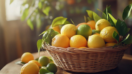 A close-up shot of a wicker basket brimming with fresh lemons and limes, surrounded by vibrant green leaves, perfect for food and decor themes.の素材