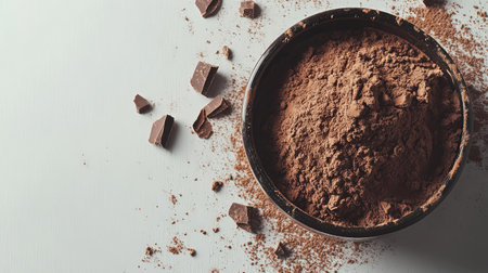 This close-up captures a bowl filled with rich cocoa powder, surrounded by chocolate pieces. Perfect for culinary projects, baking, or food styling.の素材