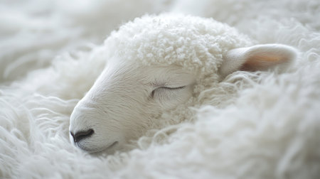 A serene close-up of a soft and fluffy white sheep resting peacefully in a cozy bed of its own fur. The image captures the tranquility and beauty of this adorable animal, highlighting its gentle features.の素材