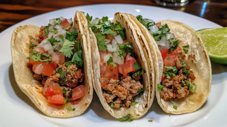 A close-up shot of three soft tacos filled with flavorful ingredients, topped with fresh cilantro, onion, and tomato. Perfect for a savory meal.の素材