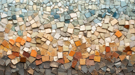 This close-up image showcases a vibrant mosaic stone wall, highlighting the intricate patterns and colors of each piece, ideal for art and design projects.の素材