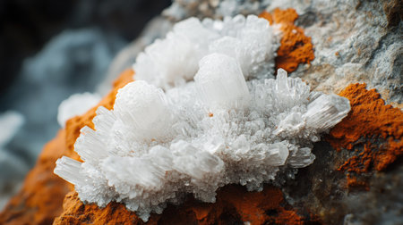 A close-up view of a striking rock formation showcasing intricate crystal structures in white, contrasted with vibrant orange textures. Perfect for nature enthusiasts.の素材