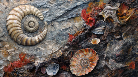 Captivating view of fossilized sea creatures embedded in a rock surface, showcasing intricate details and vibrant colors that reflect ancient marine environments.の素材
