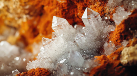 Close-up view of a stunning rock formation showcasing clear crystals. The vibrant orange background contrasts beautifully with the sparkling minerals, highlighting nature's artistry.の素材