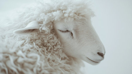 This serene close-up of a soft, fluffy white sheep showcases its gentle features and tranquil expression, perfect for nature and animal-themed projects.の素材