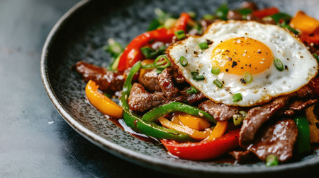 A vibrant dish of stir-fried beef with crisp bell peppers and a sunny-side-up egg, showcasing a perfect balance of flavors and freshness. Ideal for food lovers.の素材