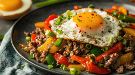 A delicious stir-fried beef dish topped with a sunny-side-up egg, vibrant bell peppers, and fresh greens, perfect for any meal of the day.の素材