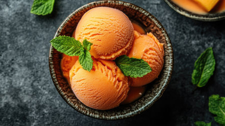 Delight in this vibrant tropical mango sorbet served in a bowl, garnished with fresh mint leaves. A perfect refreshing treat for summer.の素材