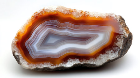 This close-up image showcases a beautifully polished agate stone, revealing its intricate layered patterns and vibrant colors. An artistic representation of nature's beauty.の素材