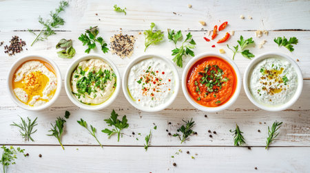An appealing array of appetizers and snacks in bowls, featuring vibrant dips garnished with fresh herbs. Perfect for gatherings, parties, or casual dining.の素材