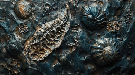 A close-up view of fossilized sea creatures embedded in rock, showcasing detailed textures and patterns that highlight ancient marine life and geological history.の素材
