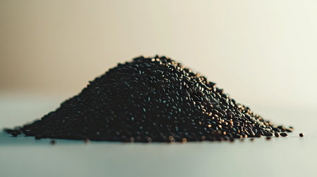 A detailed close-up view of a pile of black sesame seeds, showcasing their unique texture and rich color. Perfect for culinary and health-related content.の素材