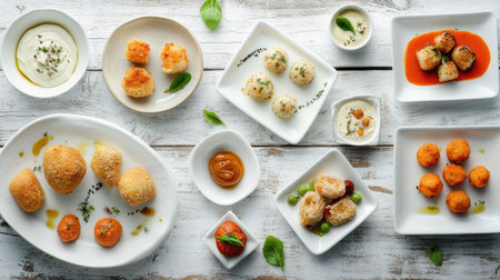 A vibrant assortment of small plates featuring a mix of appetizers and dips, perfect for gatherings. Ideal for entertaining or casual dining.の素材