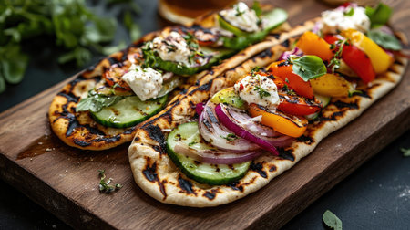 A close-up view of grilled flatbreads topped with fresh vegetables and herbs, ideal for outdoor dining. Perfect for summer meals or gatherings.の素材