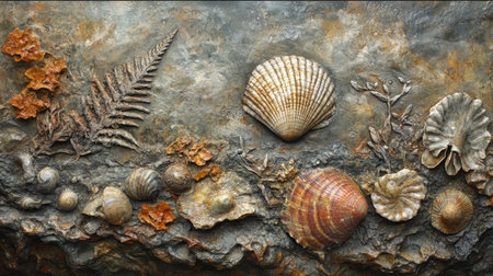 Explore the intricate details of fossilized sea creatures and shells in this close-up image, showcasing unique textures and colors from ancient marine life.の素材