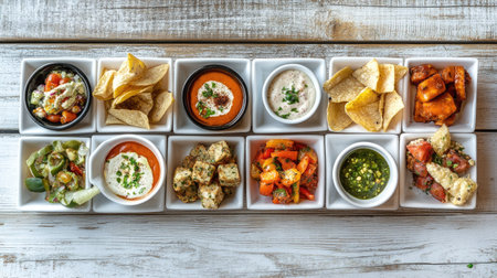 A vibrant selection of small plates featuring dips and appetizers, perfect for sharing at meals, gatherings, or events. Enjoy a colorful culinary experience!の素材