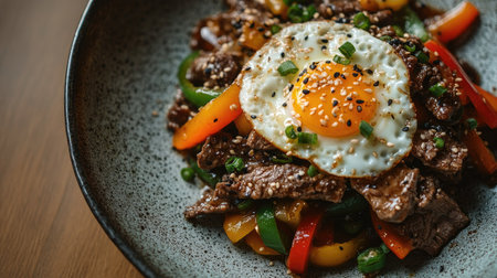 A visually appealing close-up shot of stir-fried beef topped with a fried egg and vibrant vegetables, perfect for showcasing delicious Asian cuisine.の素材