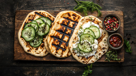 Enjoy three grilled flatbreads topped with soft cheese and fresh cucumbers. Perfect for a delightful snack or appetizer with a rustic appeal.の素材
