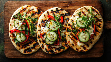 Savory grilled flatbreads topped with fresh vegetables and melted cheese, perfect for a delicious meal or snack. Ideal for summer gatherings and outdoor dining.の素材