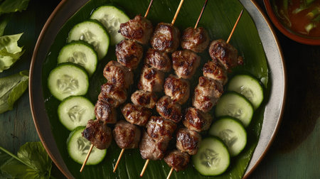 A vibrant top view of grilled meat skewers arranged neatly on a plate alongside fresh cucumber slices, perfect for culinary enthusiasts and food lovers.の素材