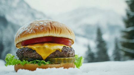 This close-up view showcases a delicious cheeseburger topped with fresh lettuce, tomato, and cheese against a serene snowy background, perfect for food lovers.の素材