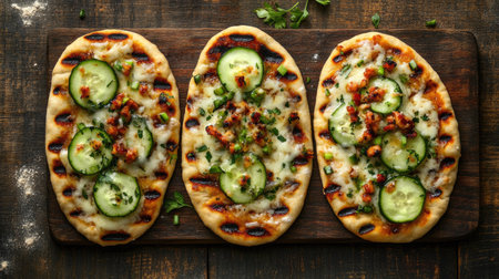 Three grilled flatbreads topped with fresh cucumber, herbs, and cheese, arranged on a rustic wooden board, perfect for a tasty appetizer or snack.の素材