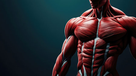 Detailed view of human muscles, placed centrally with blank space around for copy or logo placementの素材