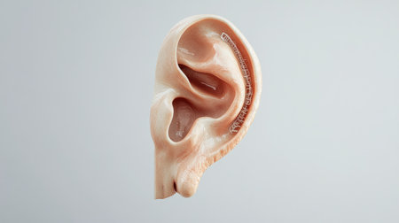 Cross-sectional view of the human ear, isolated on a plain background, with copy space on the left.の素材