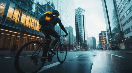 Cyclist commuting to work in the city, with buildings and road providing room for text.の素材