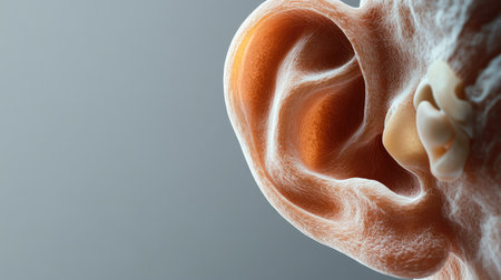 Cross-sectional view of the human ear, isolated on a plain background, with copy space on the left.の素材