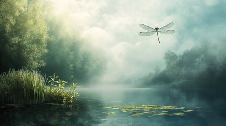 Dragonfly flying over a pond, with ample space in the sky above for copy or branding.の素材