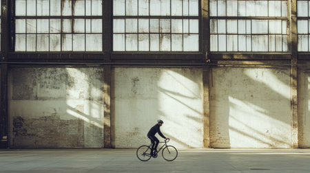 Cyclist riding through an industrial area, with plenty of blank wall space behind for text.の素材