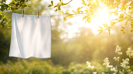 Clothesline with white sheets hanging, set against a bright, sunny background with space for text.の素材